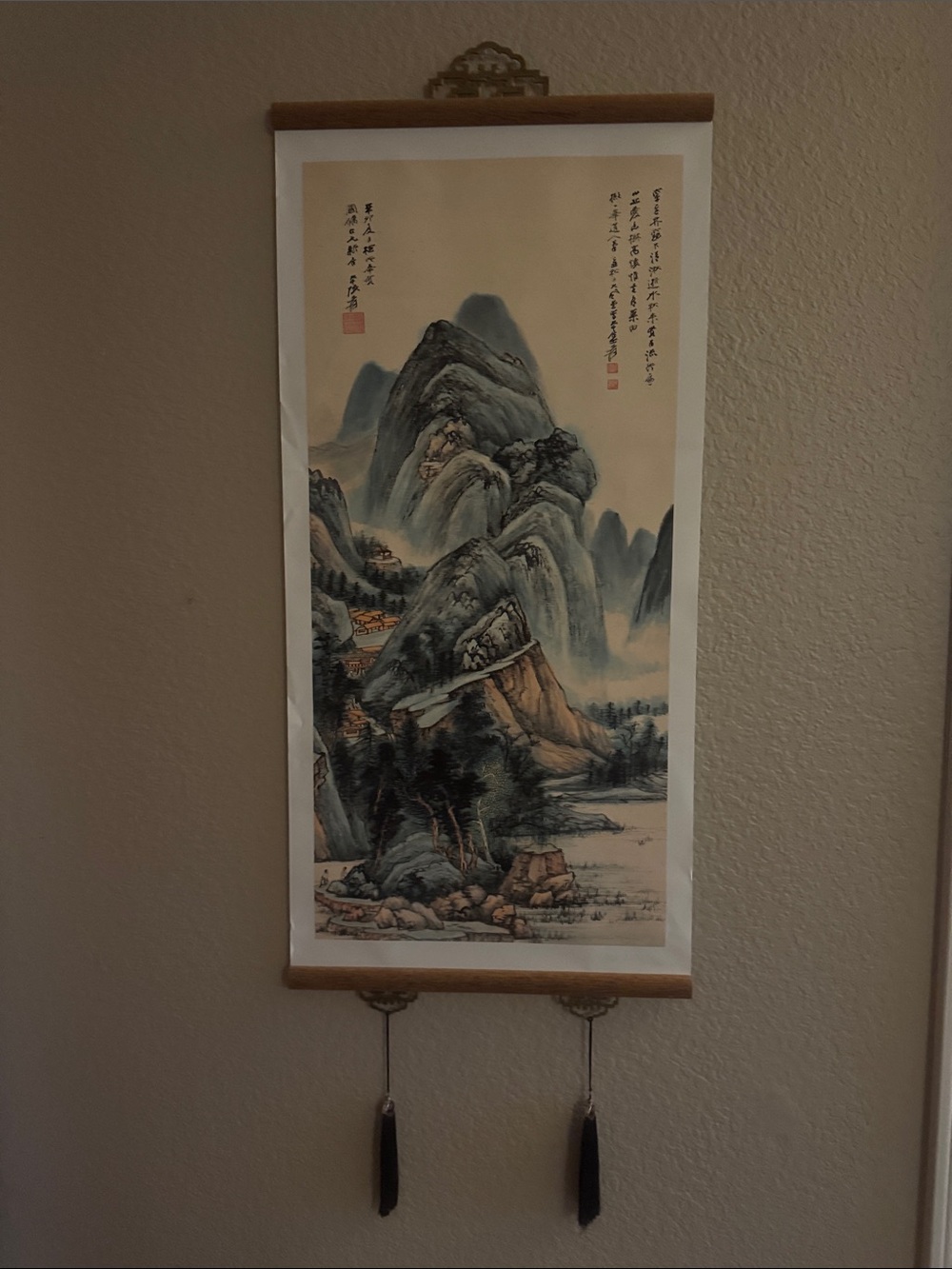 Traditional Chinese Mountain Landscape Scroll - Blue and Tan